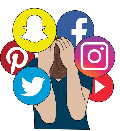 Illustration of a person overwhelmed, hiding their face, surrounded by social media app icons
